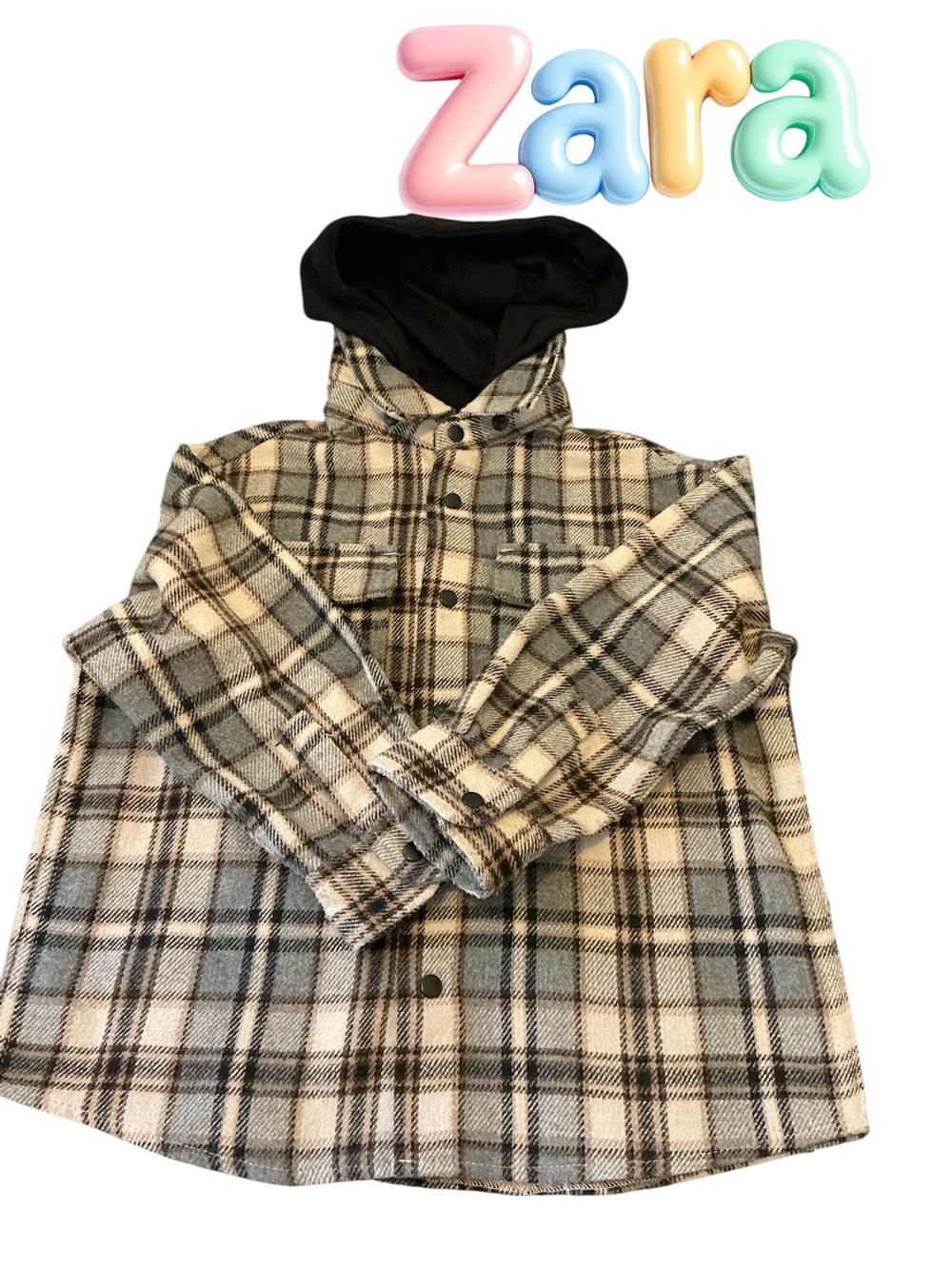 Zara Black Hood Plaid Shacket - Cream & Gray